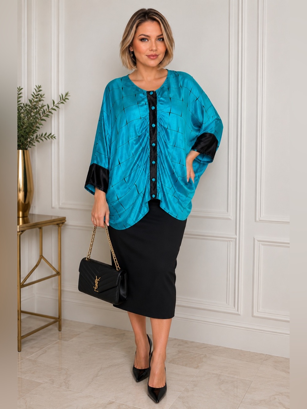 Elegant Turquoise Satin Batwing Tunic Top XL Black Trim Dolman Sleeve Blouse